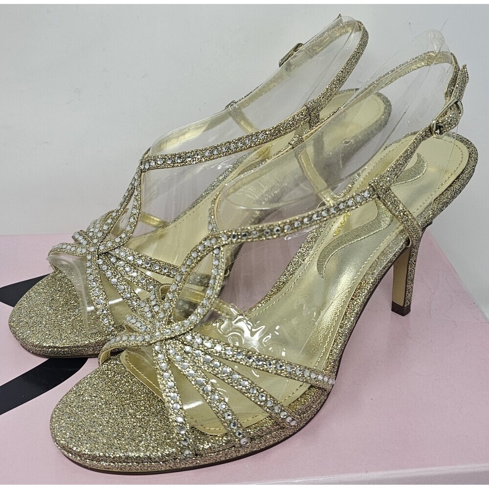 Nina Bettina Platino Baby Glitter Open Toe Heels Gold Slingback Size 6.5 NIB